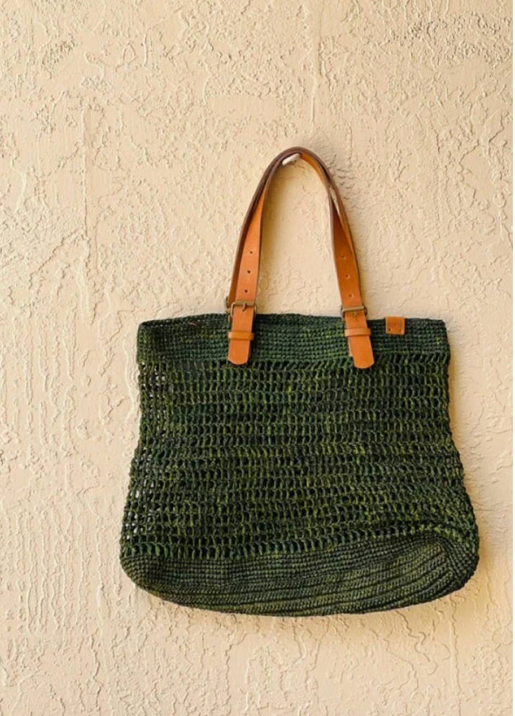Raffia Open Weave Crochet Tote -Olive