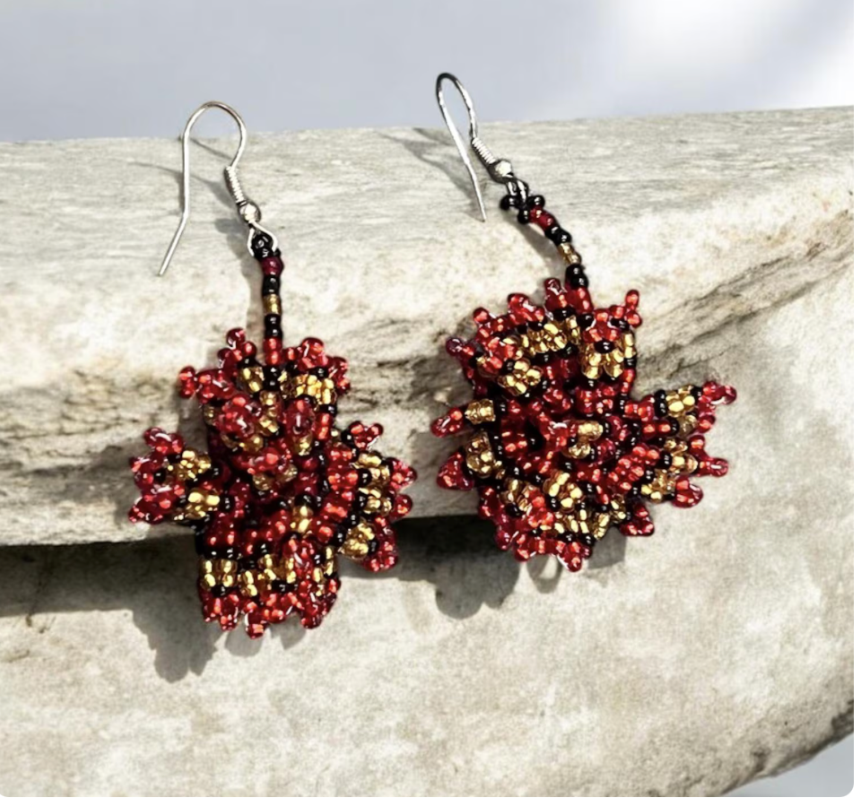 Pincushion Zulu Beaded Earring- Red Black Gold