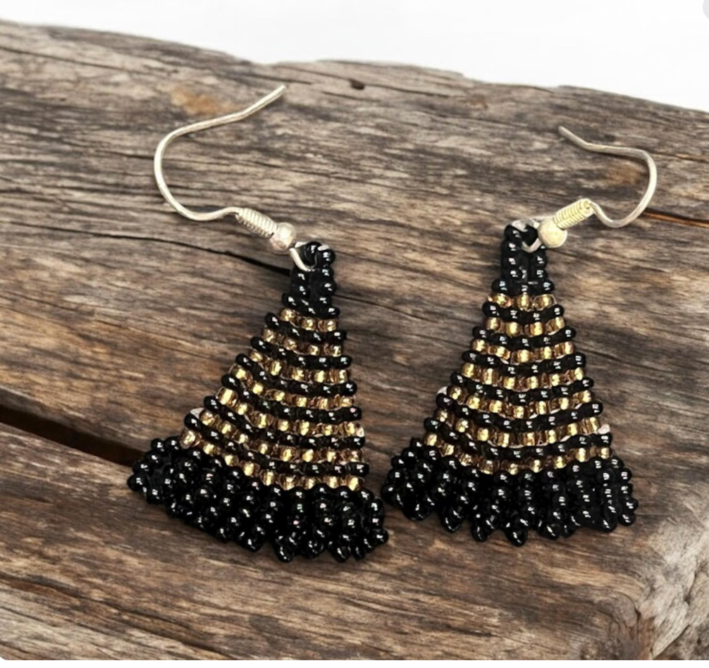 Triangle Zulu Beaded Earring- Black and Gold