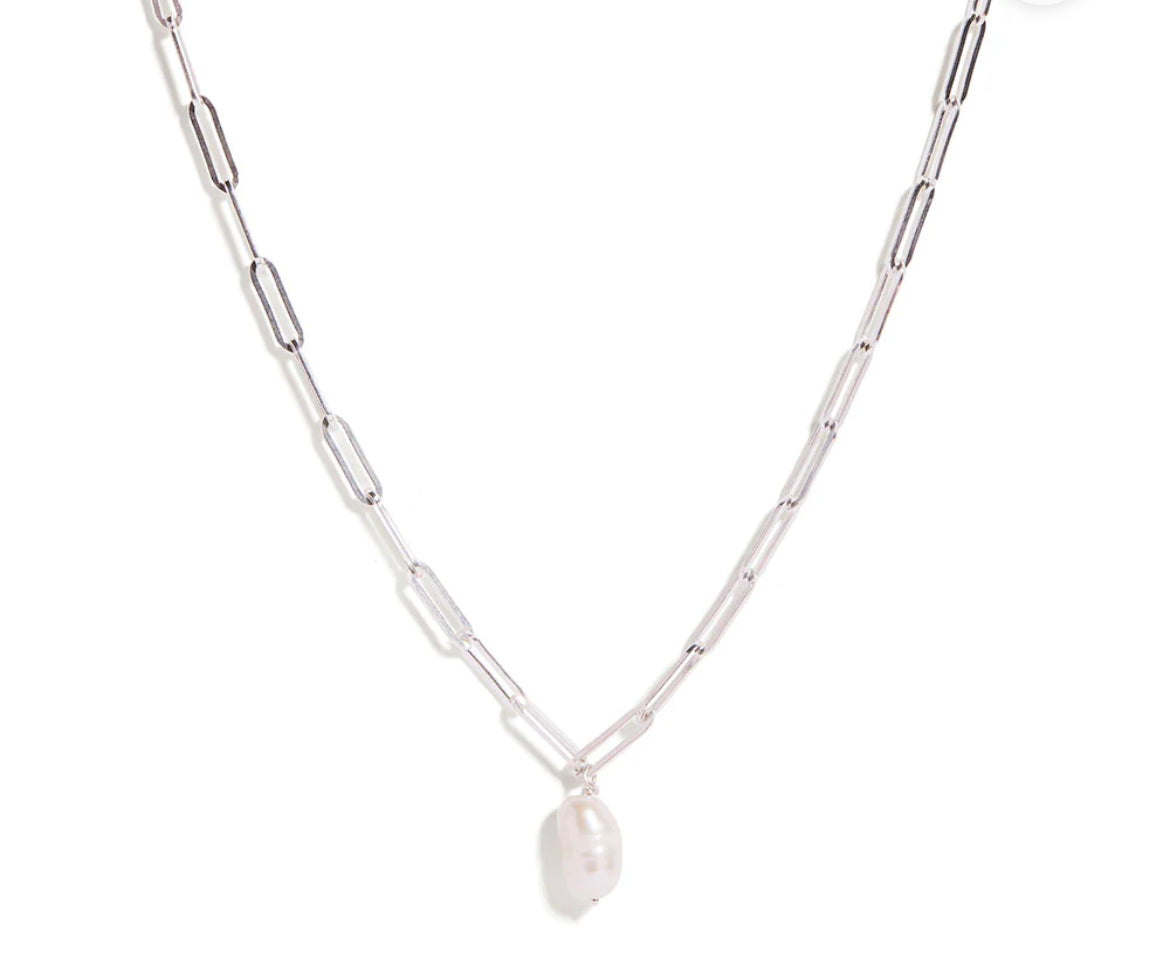 Pearl Paperclip Necklace- Silver