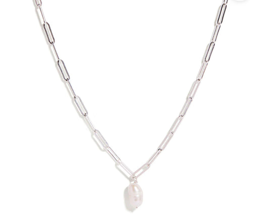 Pearl Paperclip Necklace- Silver