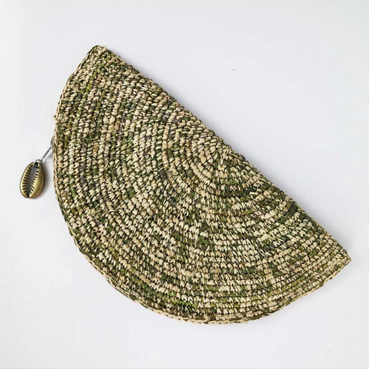 Raffia Shell Clutch - Olive