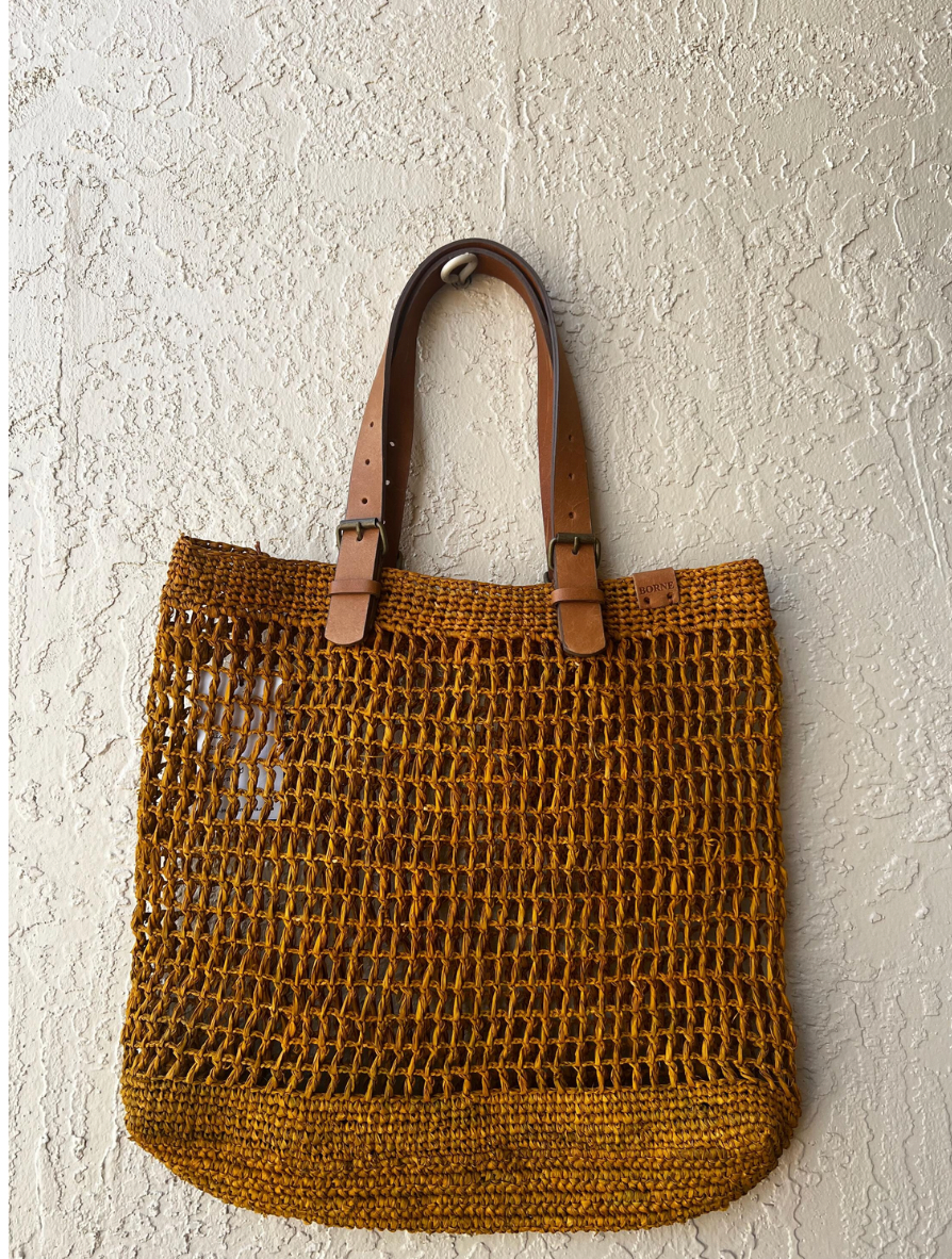 Crochet Raffia and Leather Tote Bag- Marigold