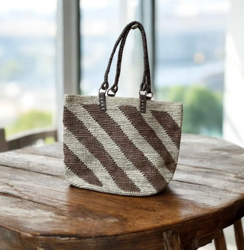 Chocolate Stripe Raffia Shopper