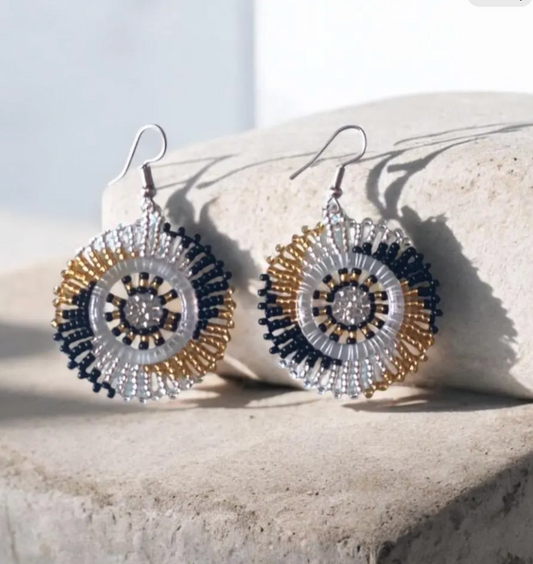 Zulu Beaded Circle Earrings- Gold Black Silver