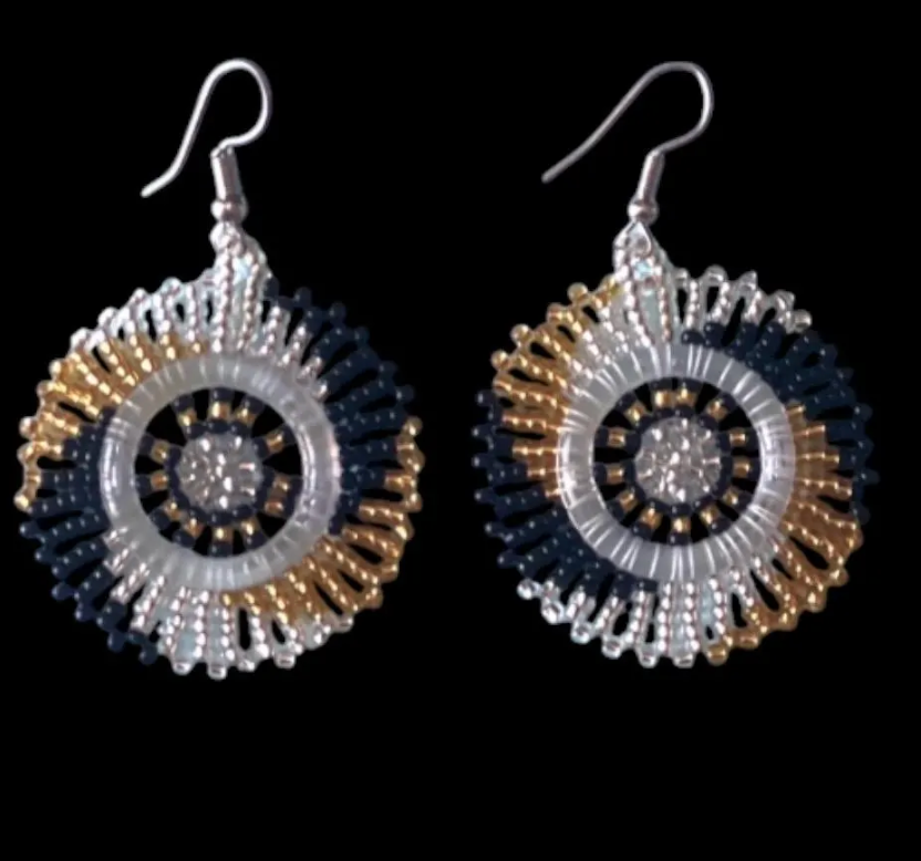 Zulu Beaded Circle Earrings- Gold Black Silver