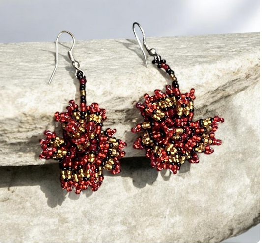 Pincushion Zulu Beaded Earring- Red Black Gold