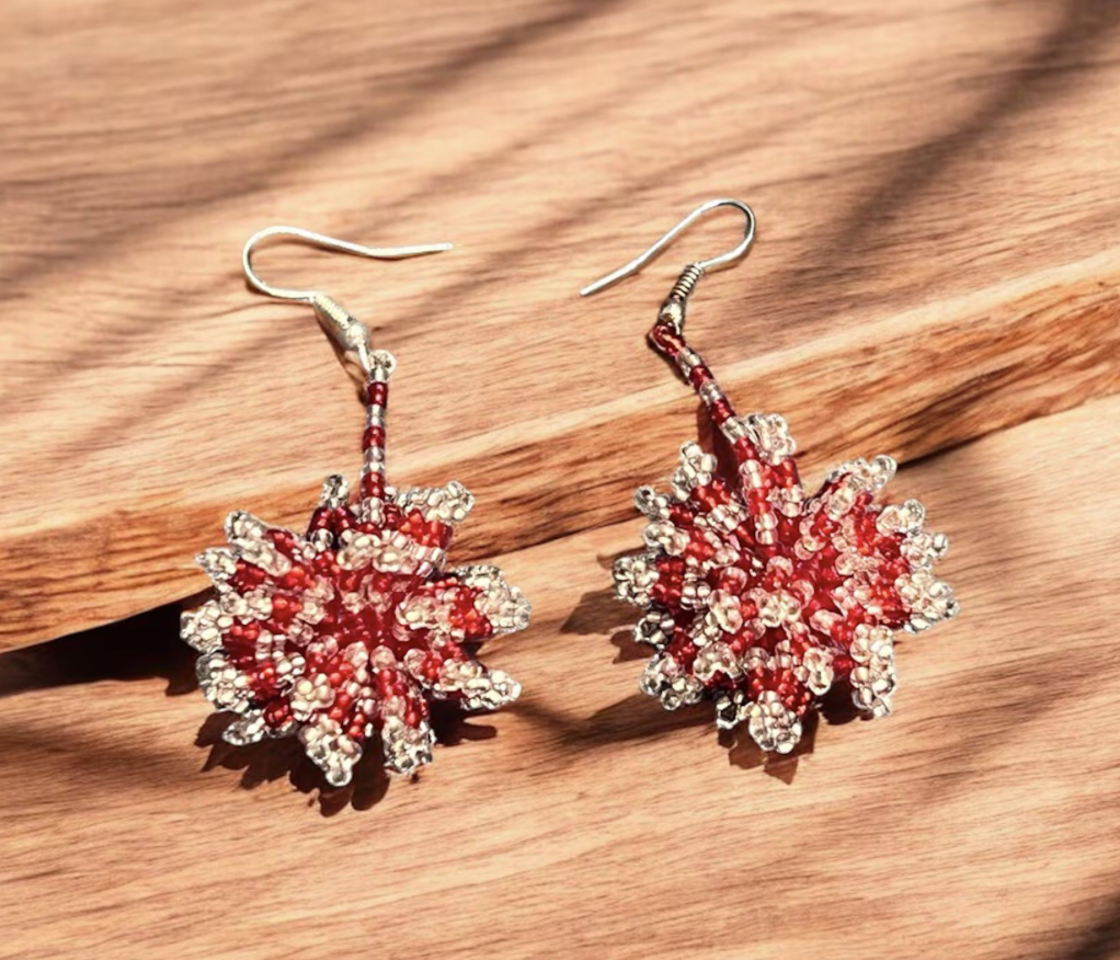 Pincushion Zulu Beaded Earring - Red and Silver