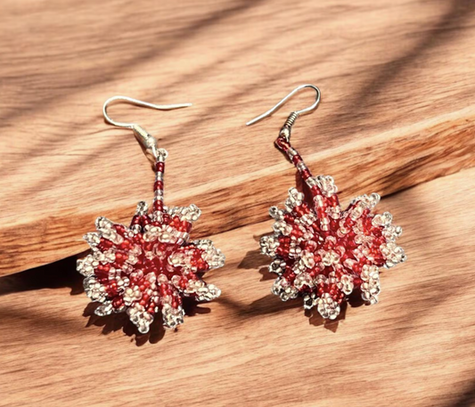 Pincushion Zulu Beaded Earring - Red and Silver