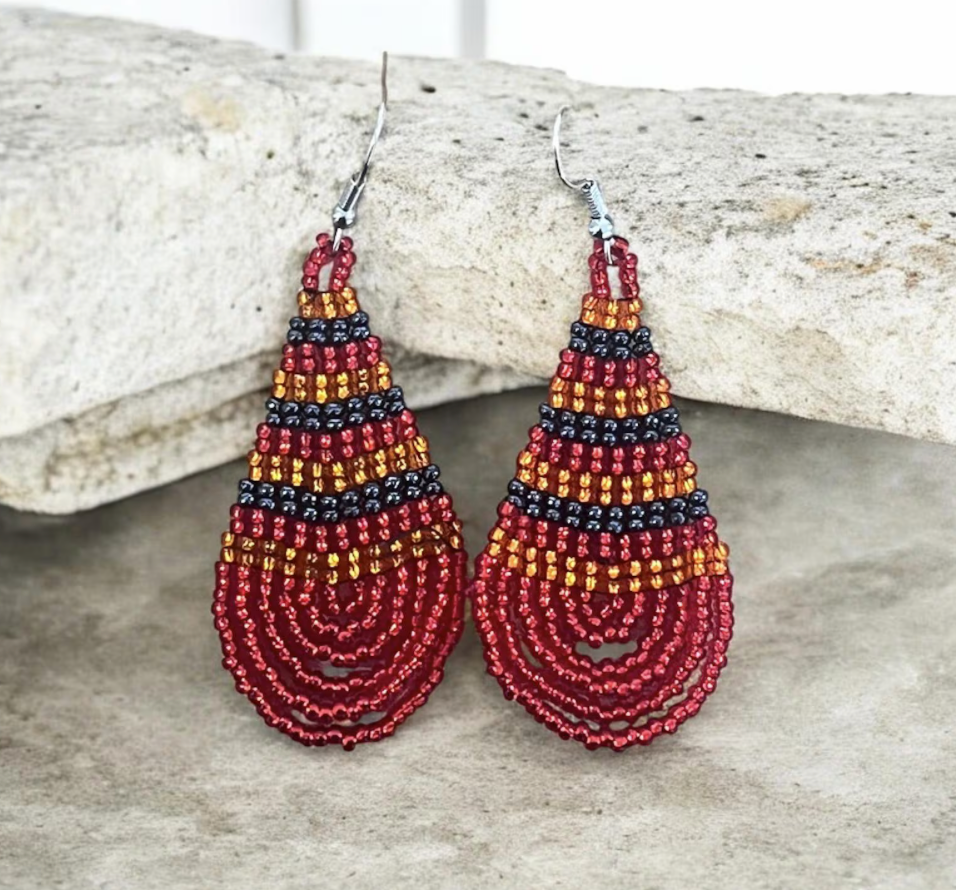 Zulu Beaded Drop Earring- Red Orange Navy