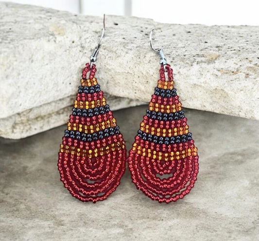 Zulu Beaded Drop Earring- Red Orange Navy