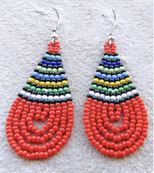 Tribal Zulu Drop Earring -Red