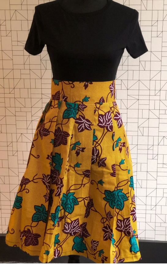 Waxprint Skirt High-Waisted- Yellow Leaves