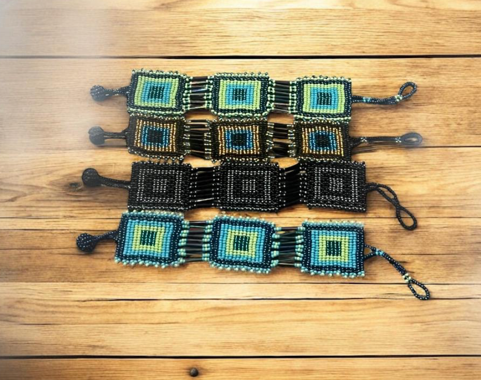 Zulu Beaded Square Bracelet-Green and Blues